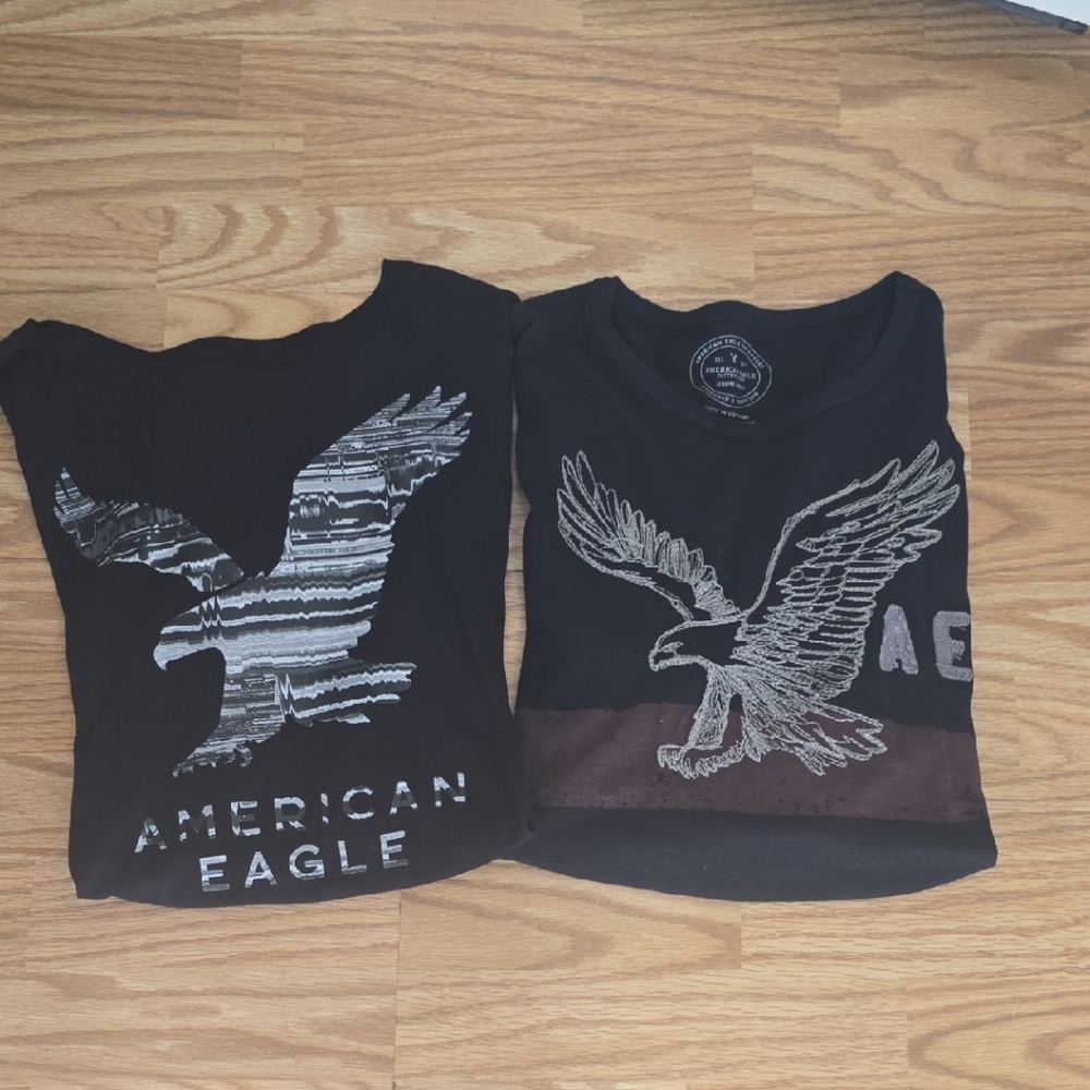 American Eagle Outfitters Black Tees with Silver Eagle Designs